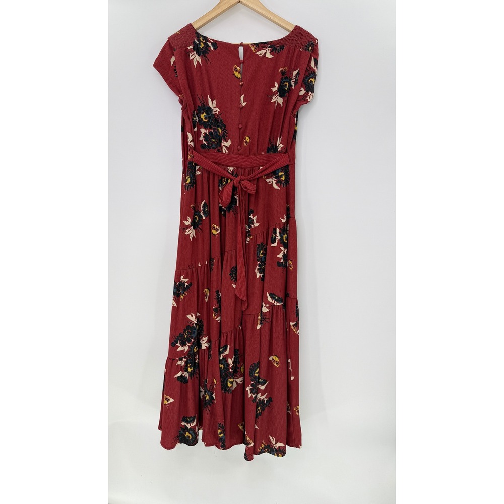 Free People Floral Butterfly Tiered Maxi Dress Rust Red Boho V-Neck See Measure